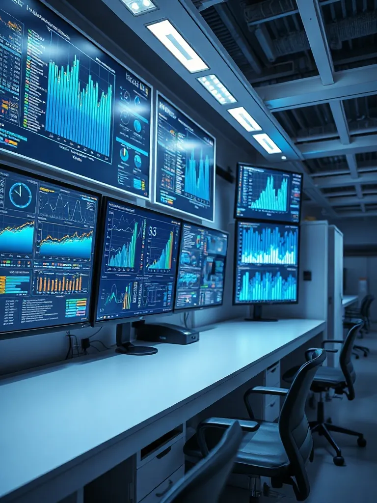 A high-tech laboratory environment with large screens displa